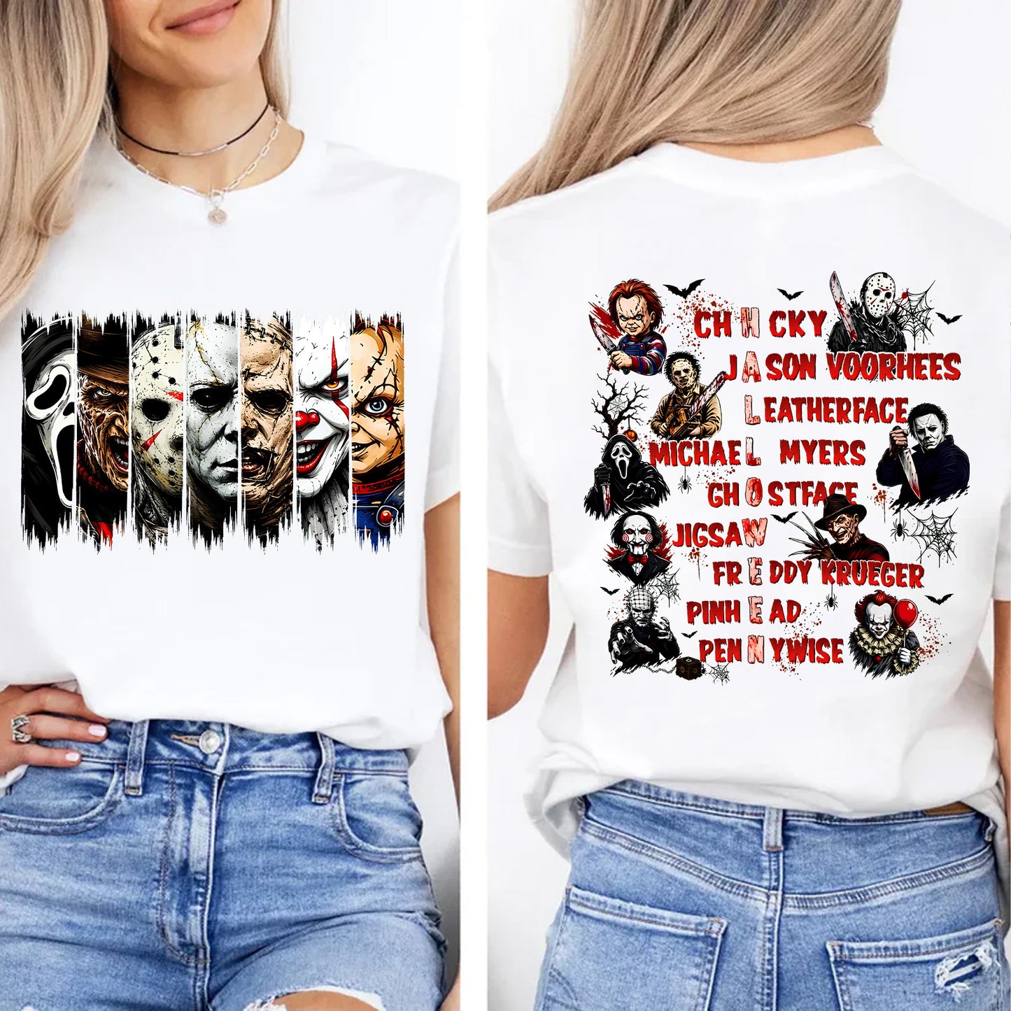 Horror Characters Front & Back Shirt, Classic Slasher Movie Halloween T-Shirt, Spooky Horror Fan Tee 686006