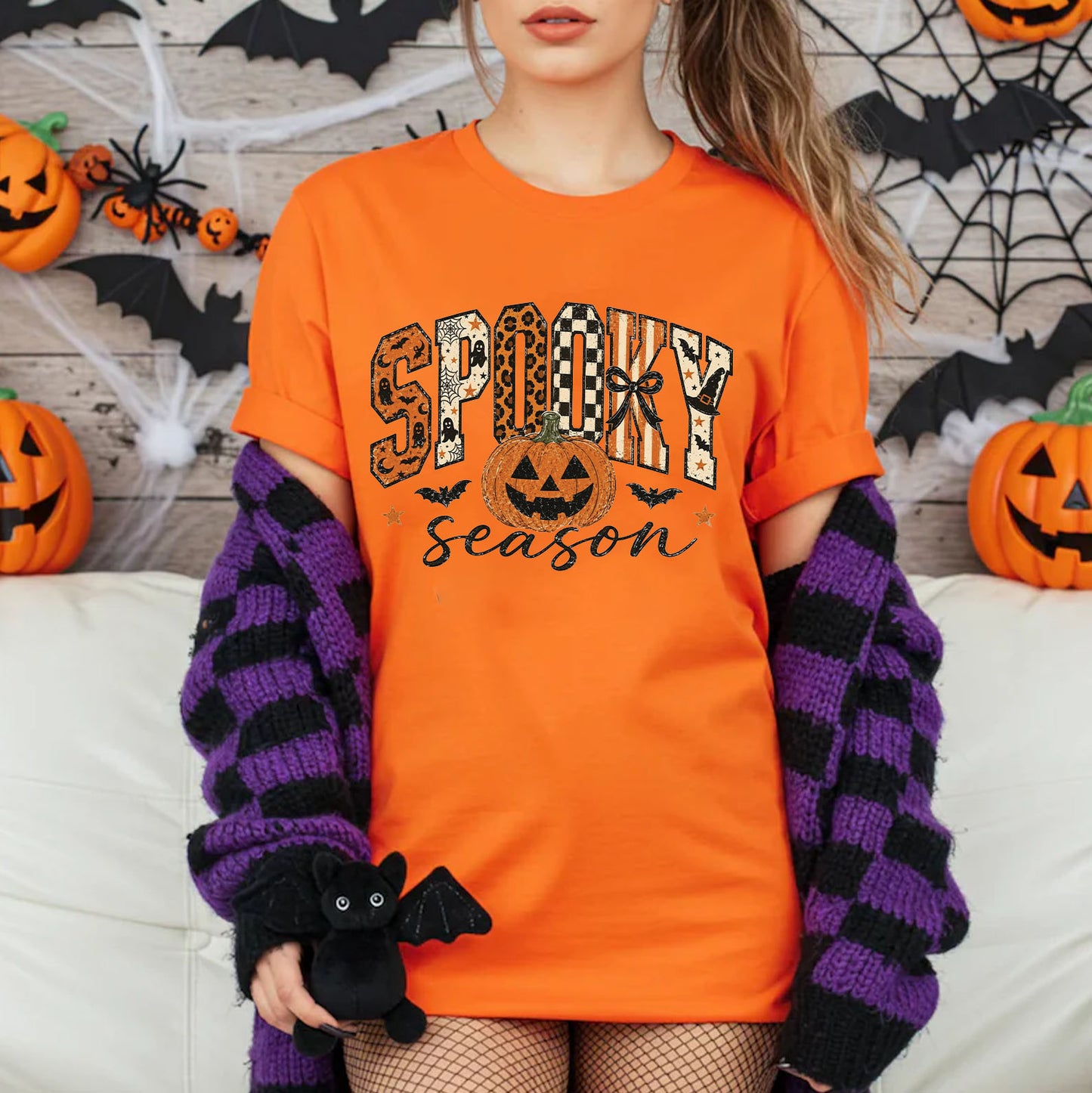 Spooky Season Halloween Shirt, Retro Checkered Leopard Pumpkin Tee, Girly Vintage Halloween Shirt 685867