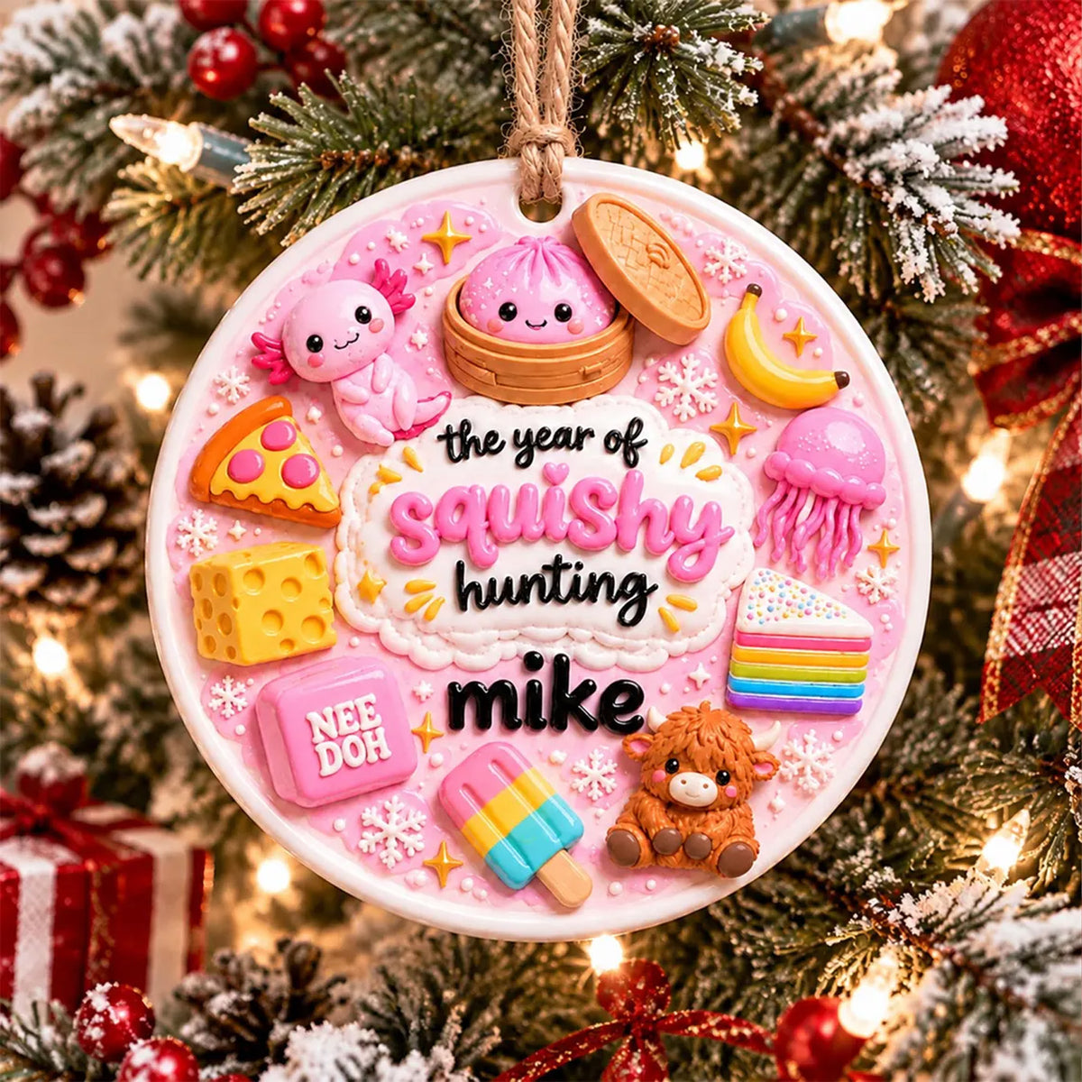 Personalized Squishy Hunting Christmas 3D Relief White Acrylic Ornament, Custom Name Kawaii Kids Gift 686346 WFD