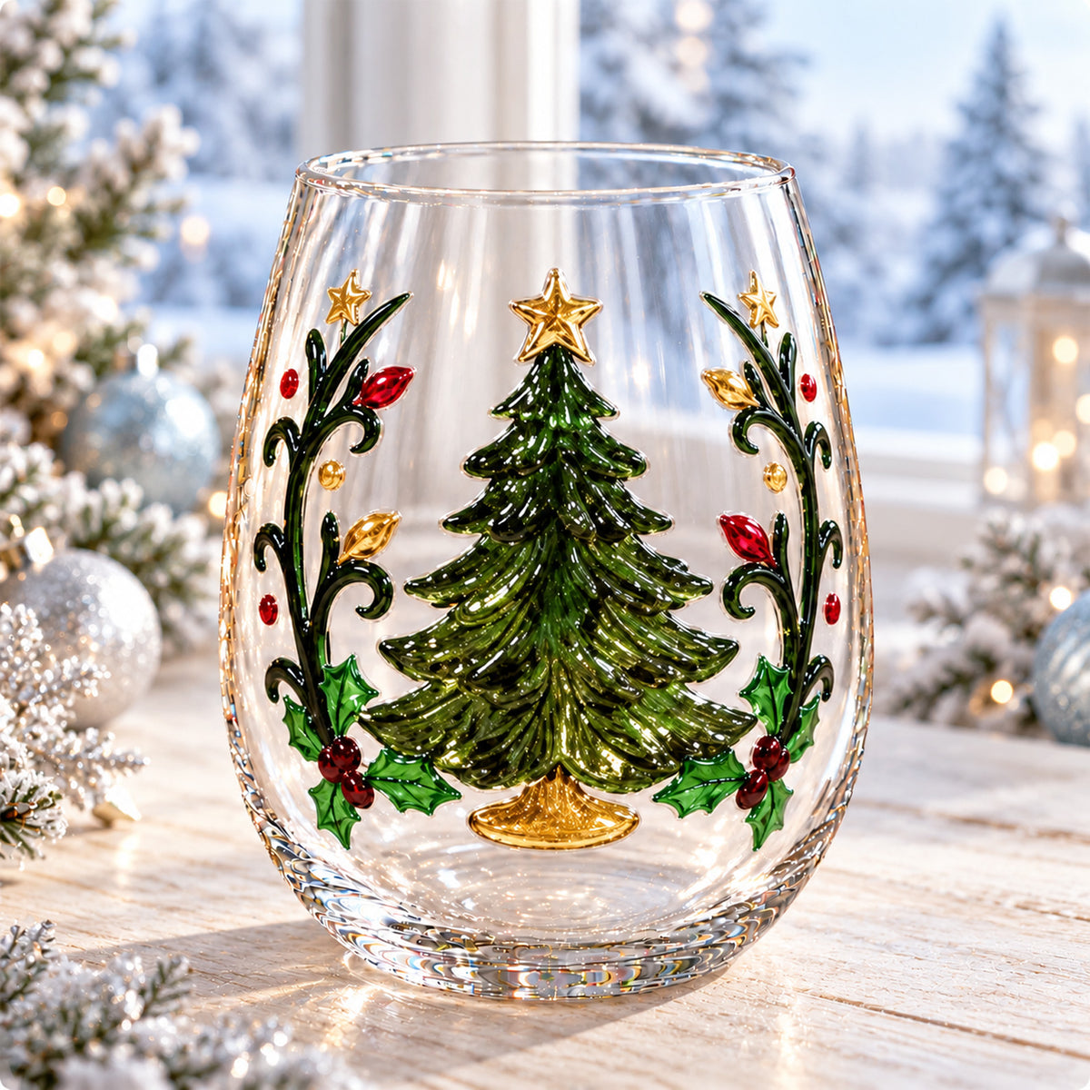 Christmas Stemless Wine Glass, Santa Snowman Reindeer Holiday Drinking Glass, Festive Christmas Gift 686694 WFD