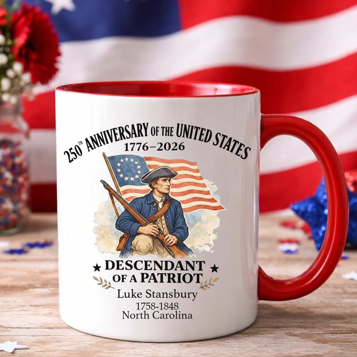 Personalized 250 Years of America Mug, Custom Name Descendant of a Patriot, 1776–2026 White Mug Accent Mug 684373