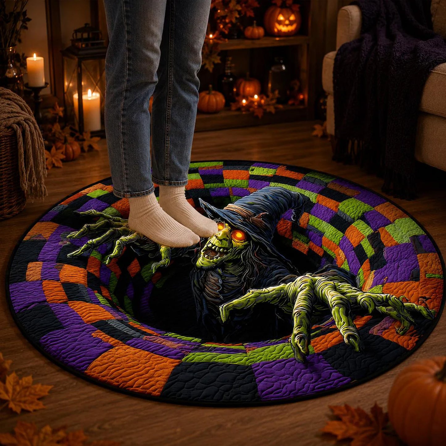 3D Witch Halloween Round Rug, Spooky Optical Illusion Floor Mat, Creepy Haunted House Halloween Decor 685933 WFD