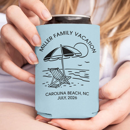 Personalized Beach Vacation Can Cooler, Custom Family Reunion Can Sleeve, Summer Party Favor, Beach Trip Gift 685508