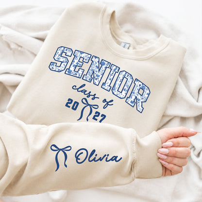 Custom Senior Mom 2027 Coquette Front & Right Sleeve Sweatshirt, Personalized Class of 2027 Graduation Gift 685693