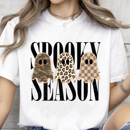 Retro Patchwork Ghosts Halloween Shirt, Checkered Leopard Camo Ghost Tee, Trendy Spooky Season Fall Shirt 685864