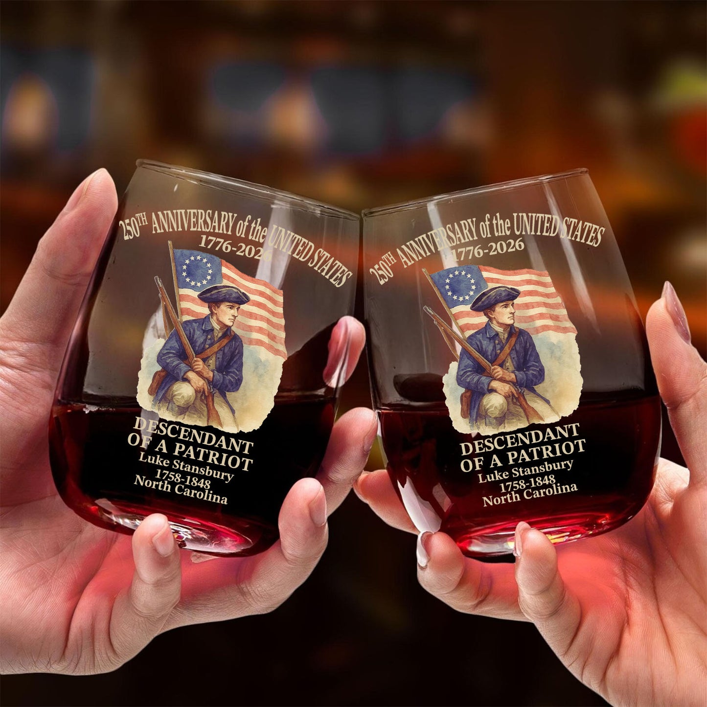 Custom Name 250 Years of America Wine Glass | Personalized Descendant of a Patriot Wine Glass 684228