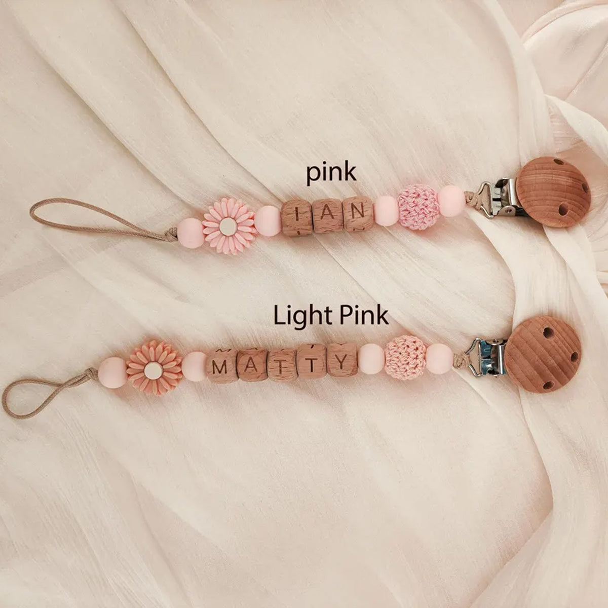 Personalized Baby Pacifier Clip, Custom Name Wooden Bead Dummy Clip, Floral Binky Holder, Baby Shower Gift 686879 WFD