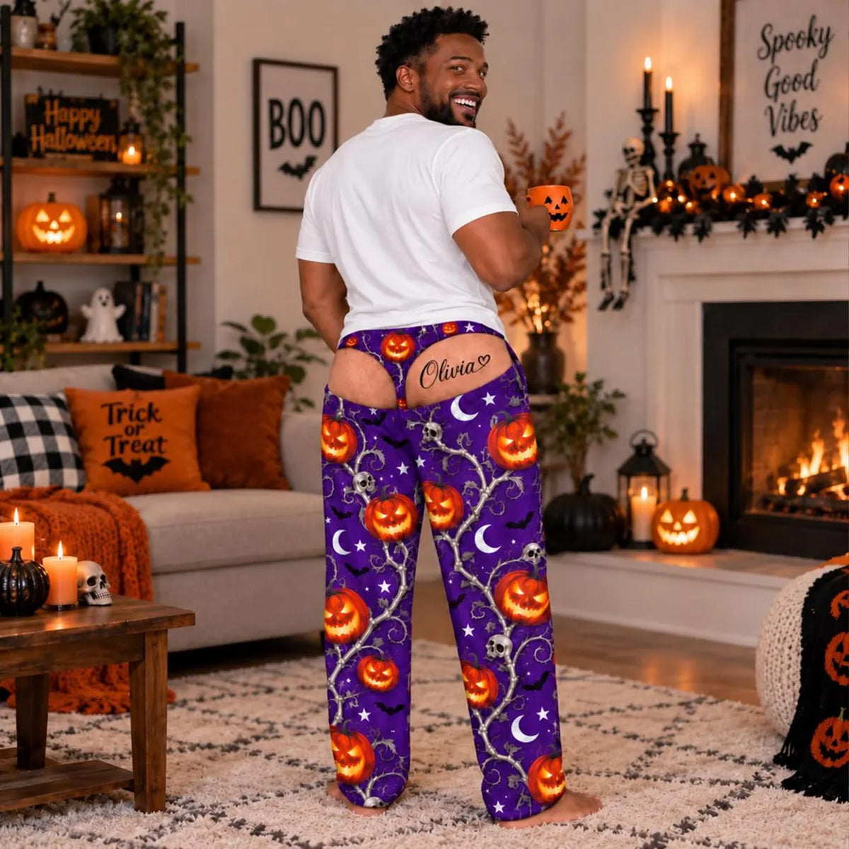 Funny Halloween Pajama Pants for Men, Custom Name Fake Butt Lounge Pants, Spooky Gag Gift for Him 686596 WFD