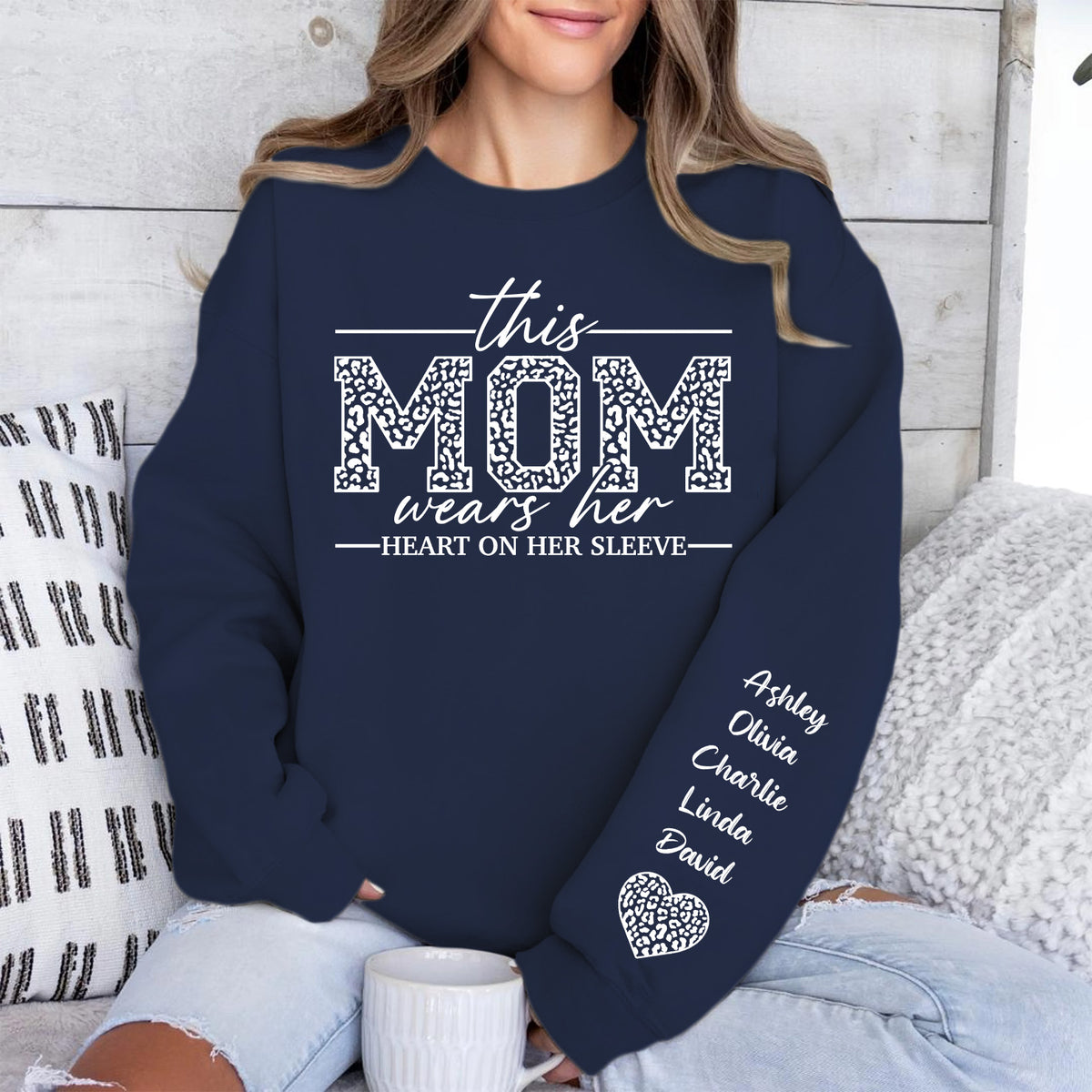 Custom Sweatshirt with Kids’ Names on Sleeve, I Wear My Heart on My Sleeve Personalized Name Sweater, Front & Left Sleeve Print 683983