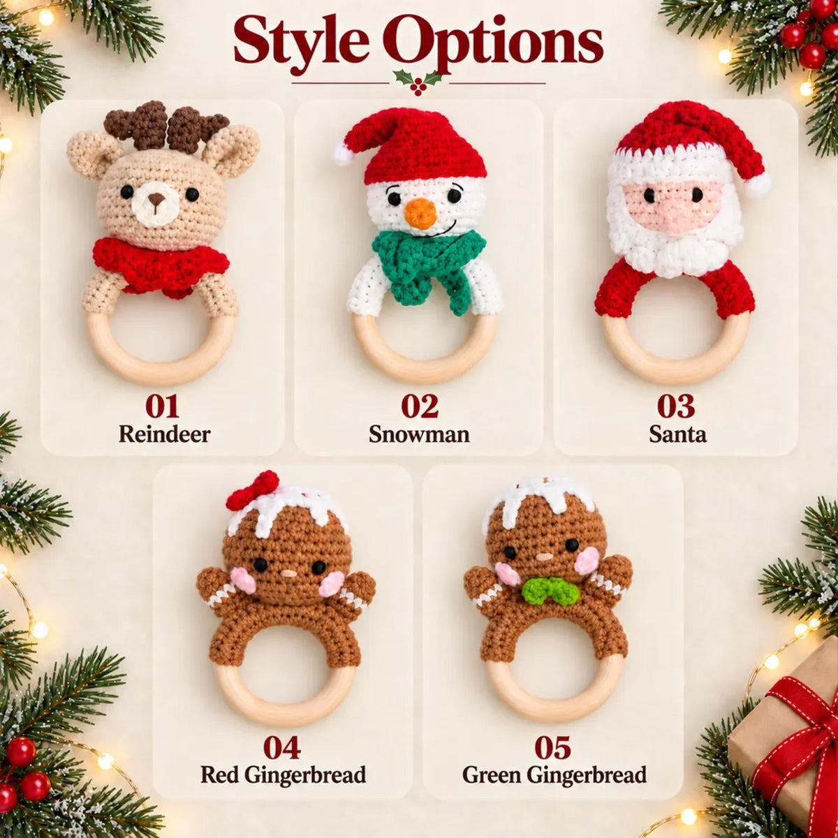 Personalized Christmas Crochet Baby Rattle, Custom Name Wooden Ring Toy, Santa Reindeer Snowman Baby Gift 686572 WFD