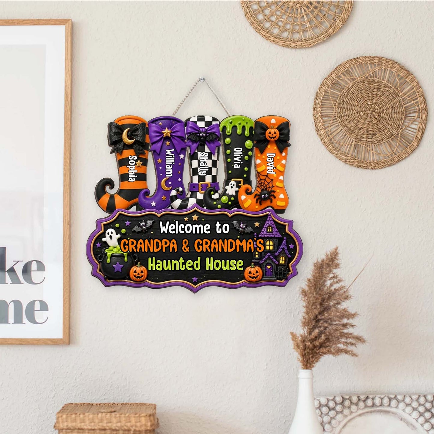 Personalized Halloween Wood Sign, Grandma Grandpa Haunted House Decor, Custom Name Witch Boots Door Sign 685858