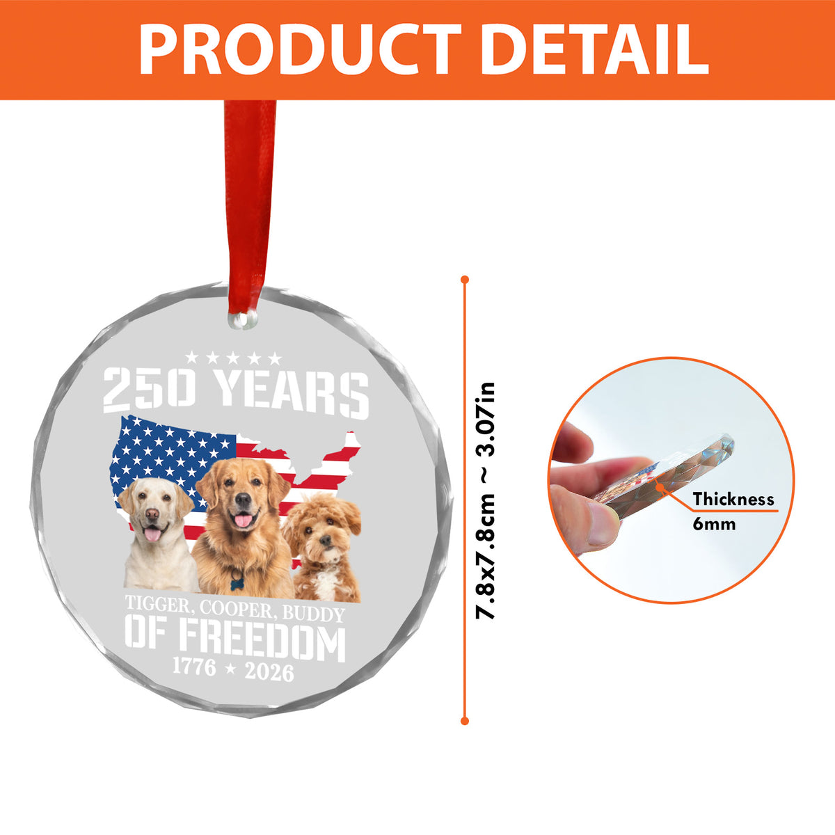Custom Your Pet Photo Glass Ornament | 250 Years Of Freedom Ornament | Custom Dog Cat Photo Christmas Ornament 683276