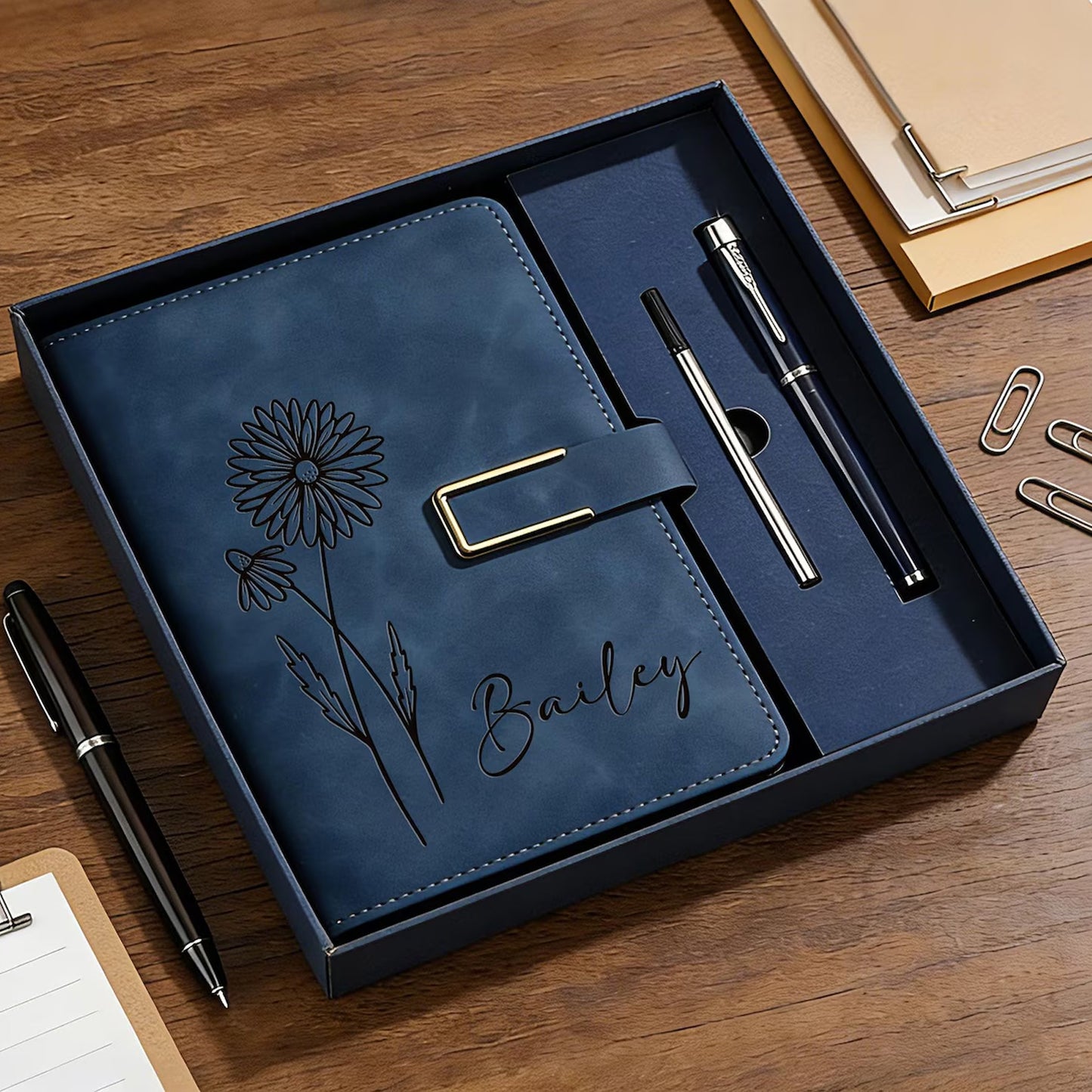 Personalized Engraved Birth Flower Leather Journal, Custom Name Notebook Set, Graduation Gifts for Her 684743