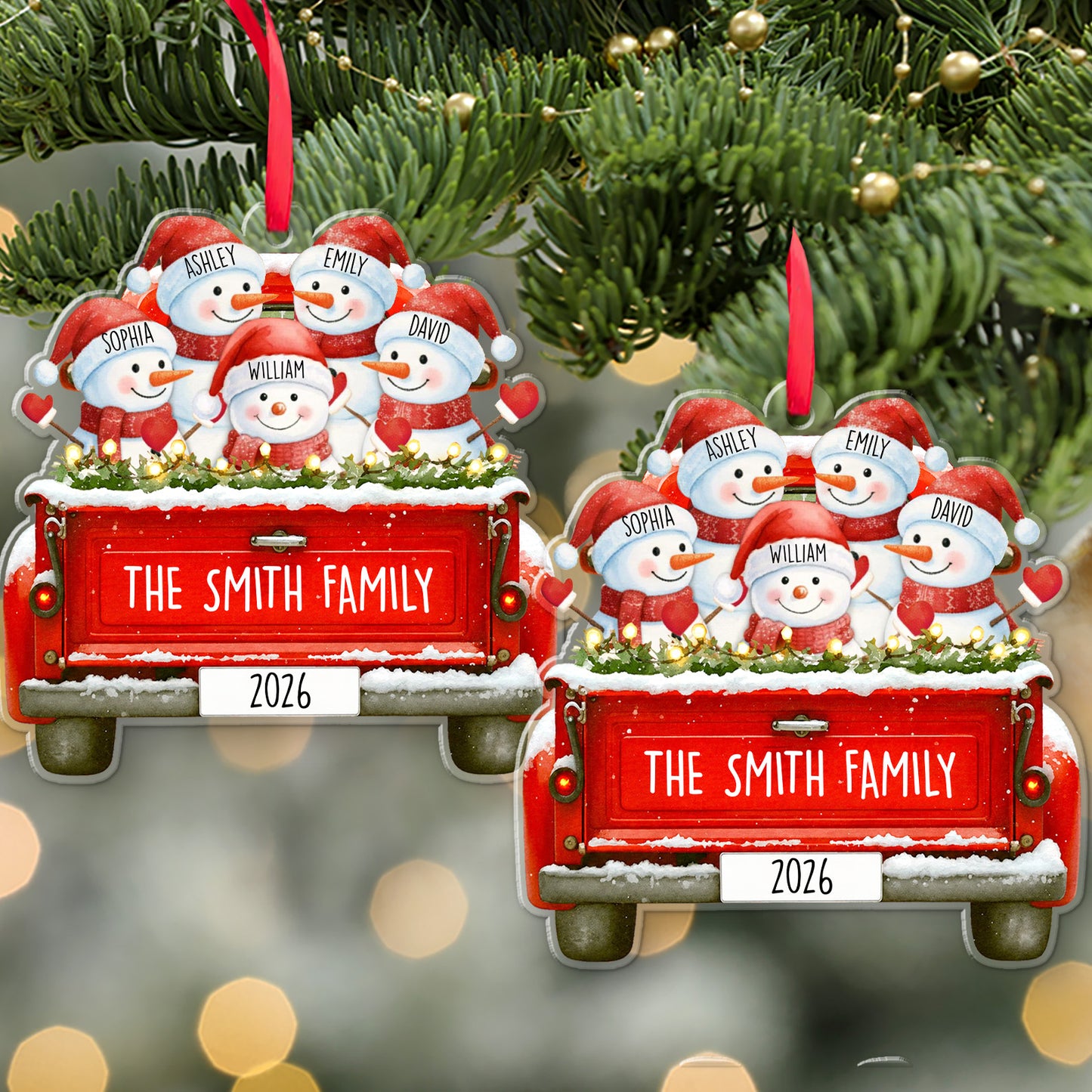 Personalized Family Snowman Truck Acrylic Ornament, Custom Family Name Christmas Tree Ornament Gift 685820