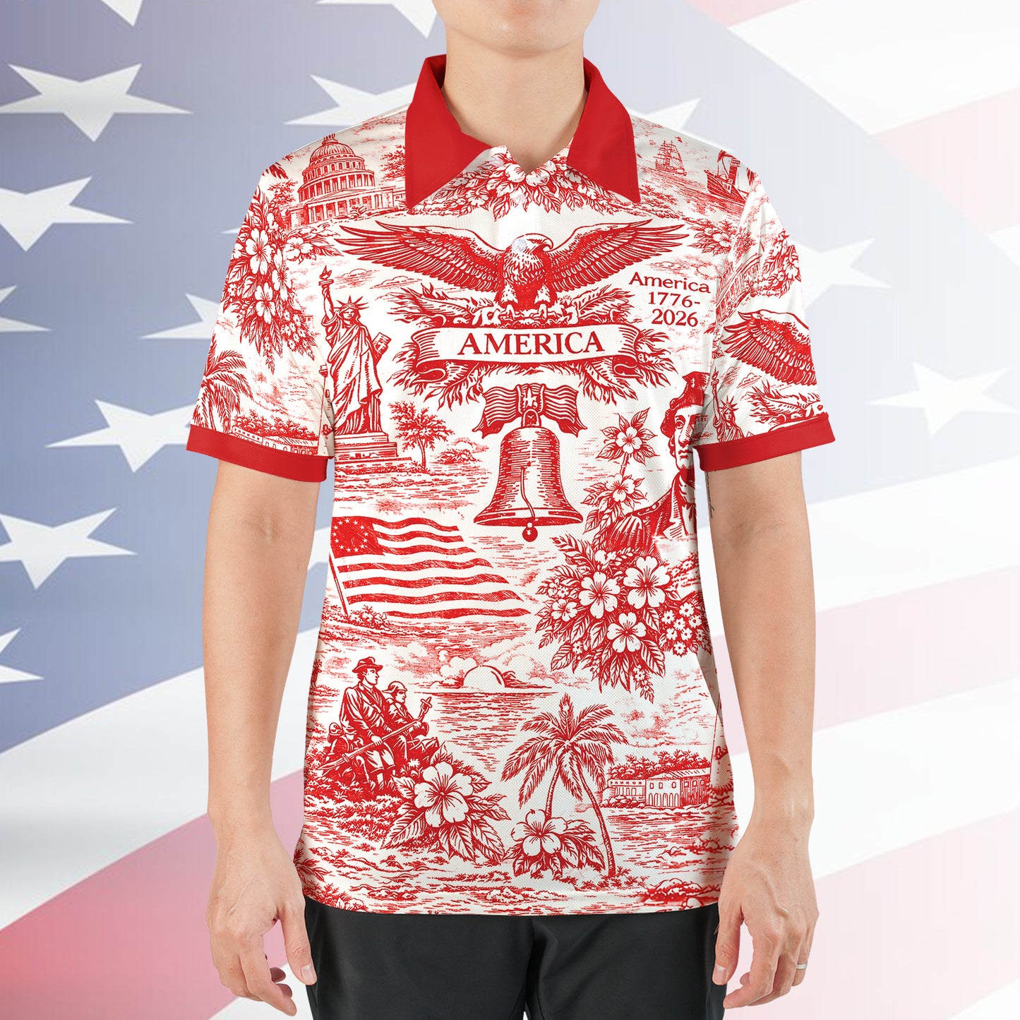250 Years of America 1776–2026 Polo Shirt, Vintage Patriotic All-Over Print Polo, 4th of July USA Shirt 684893