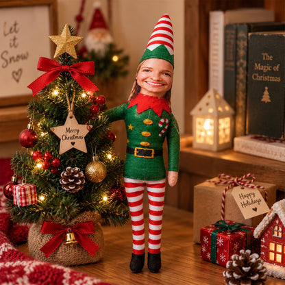 Personalized Photo Face Poseable Christmas Elf Doll, Custom Mini Plush Elf with Optional Cube Toy 686693 WFD