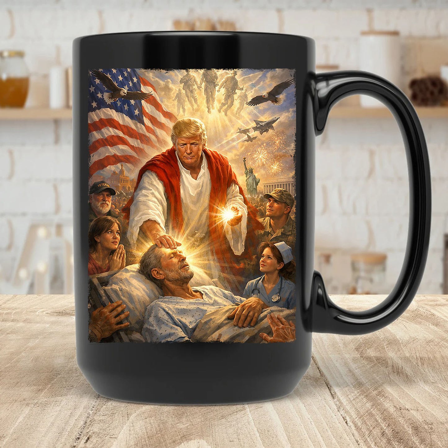 Trump as Jesus Black Mug, Donald Trump Patriotic Coffee Mug, US Flag Eagle Military Cup 684801 - GOP