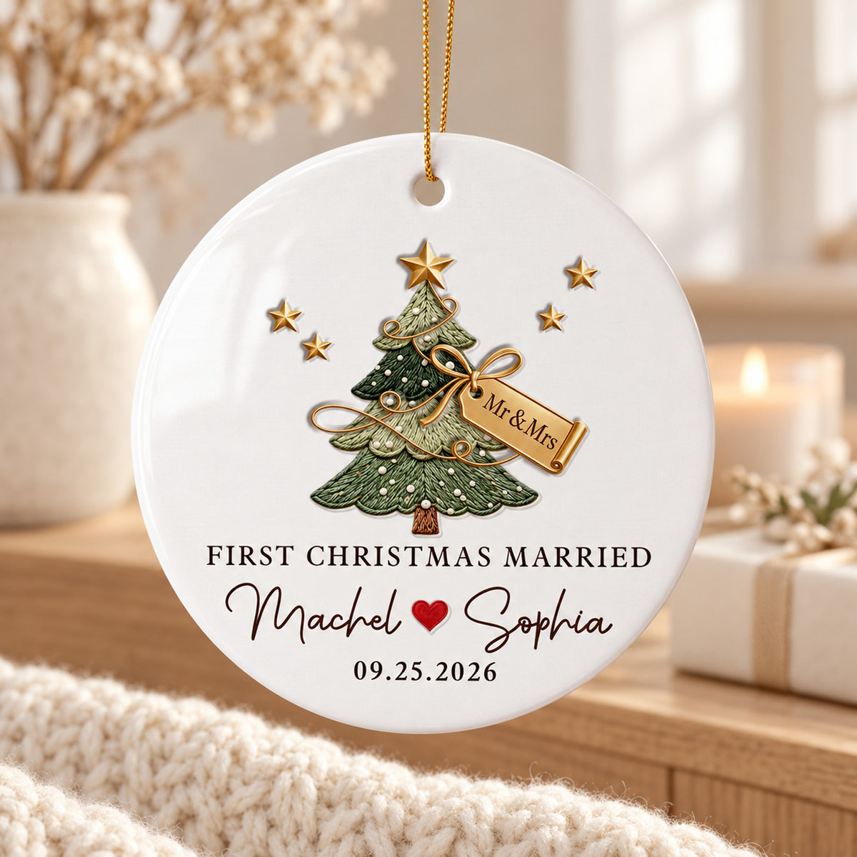 Personalized First Christmas Married Ceramic Ornament, Custom Names & Wedding Date Christmas Ornament 686969 WFD