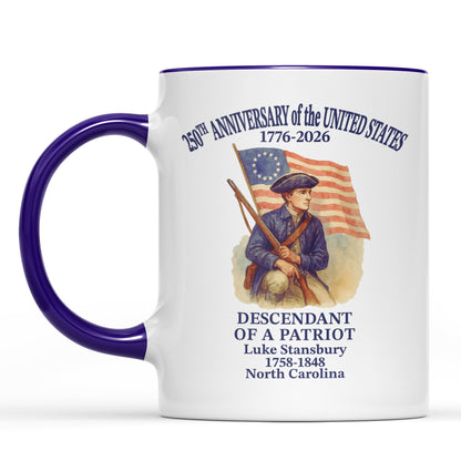 Personalized 250 Years of America Mug, Custom Name Descendant of a Patriot, 1776–2026 White Mug Accent Mug 684228