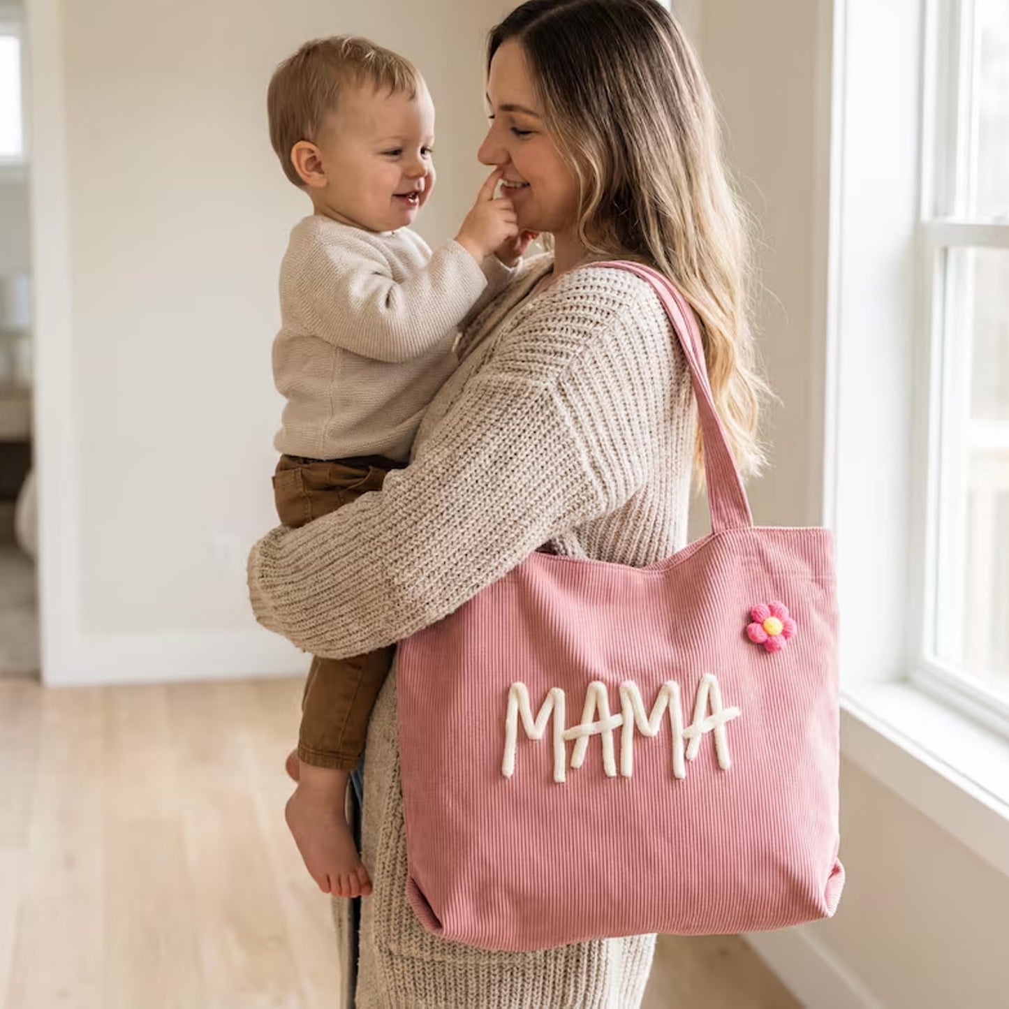 Personalized Tote Bag, Custom Mom Grandma Corduroy Tote, Chunky Yarn Name Purse, Mothers Day Gift 684843