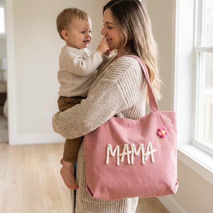 Personalized Tote Bag, Custom Mom Grandma Corduroy Tote, Chunky Yarn Name Purse, Mothers Day Gift 684843