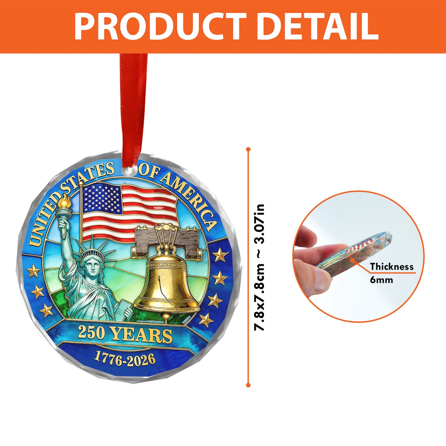 250th Anniversary USA Glass Ornament, 1776-2026 250 Years Christmas Ornament, Patriotic USA Keepsake 685935