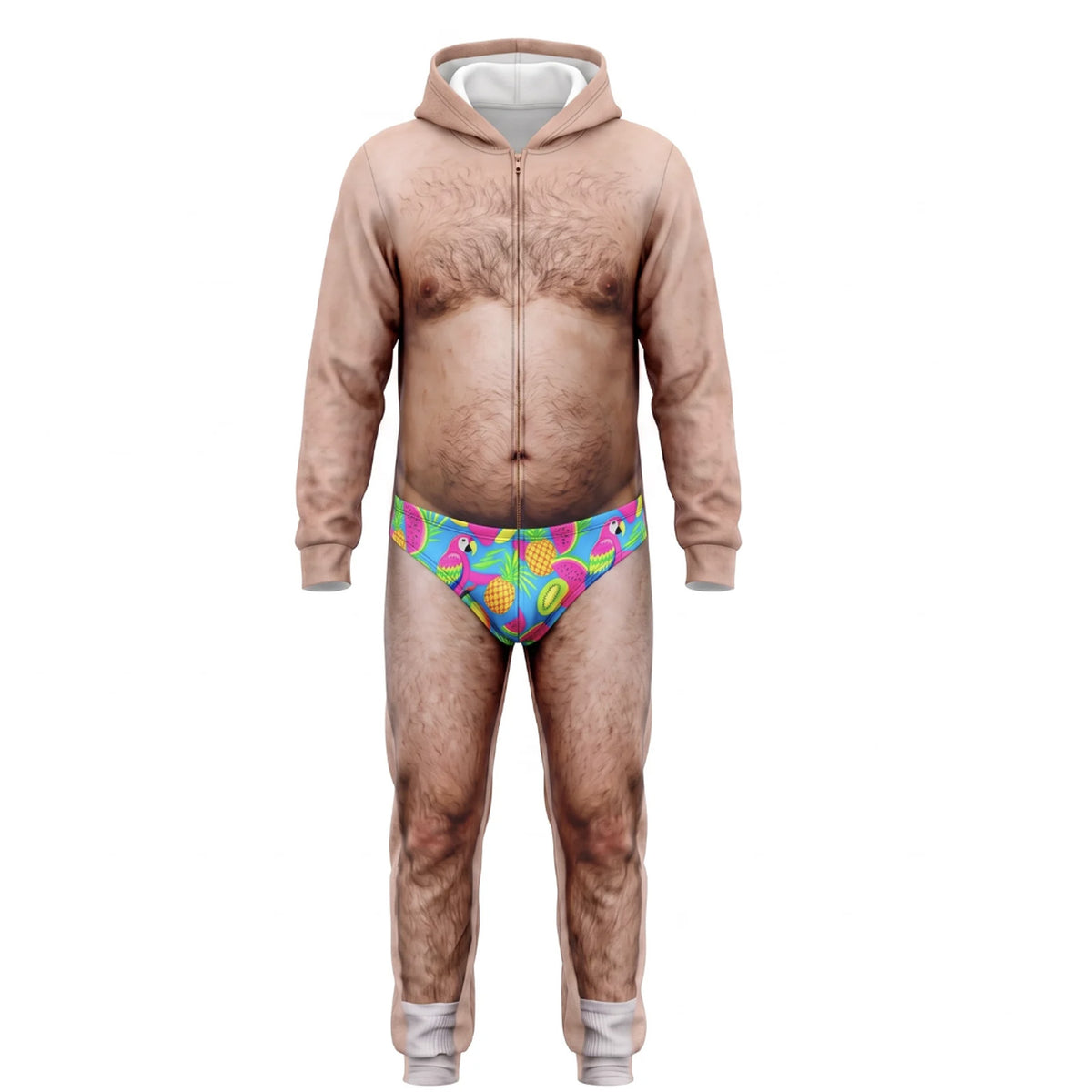 Funny Hairy Chest Adult Onesie, Fake Naked Body Christmas Santa Onesie, Novelty Holiday Party Gag Gift 686645 WFD