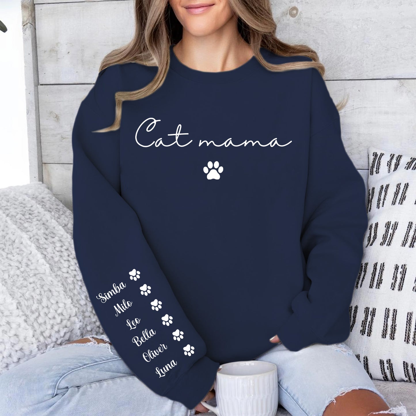 Personalized Cat Mama Sweatshirt with Cat Name, Custom Cat Mom Sweater, Front & Right Sleeve Print 683982