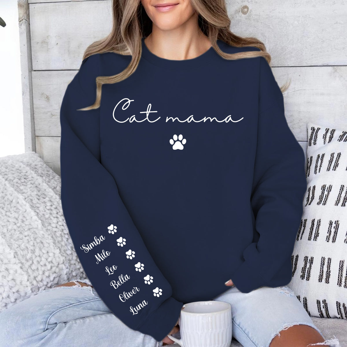 Personalized Cat Mama Sweatshirt with Cat Name, Custom Cat Mom Sweater, Front & Right Sleeve Print 683982