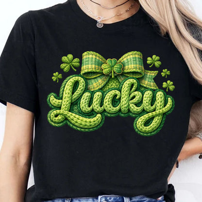 St. Patrick’s Day Lucky Shirt, Faux Yarn Patrick’s Day Tee, Latch Hook Yarn Lucky Faux Embroidery T-Shirt 684191