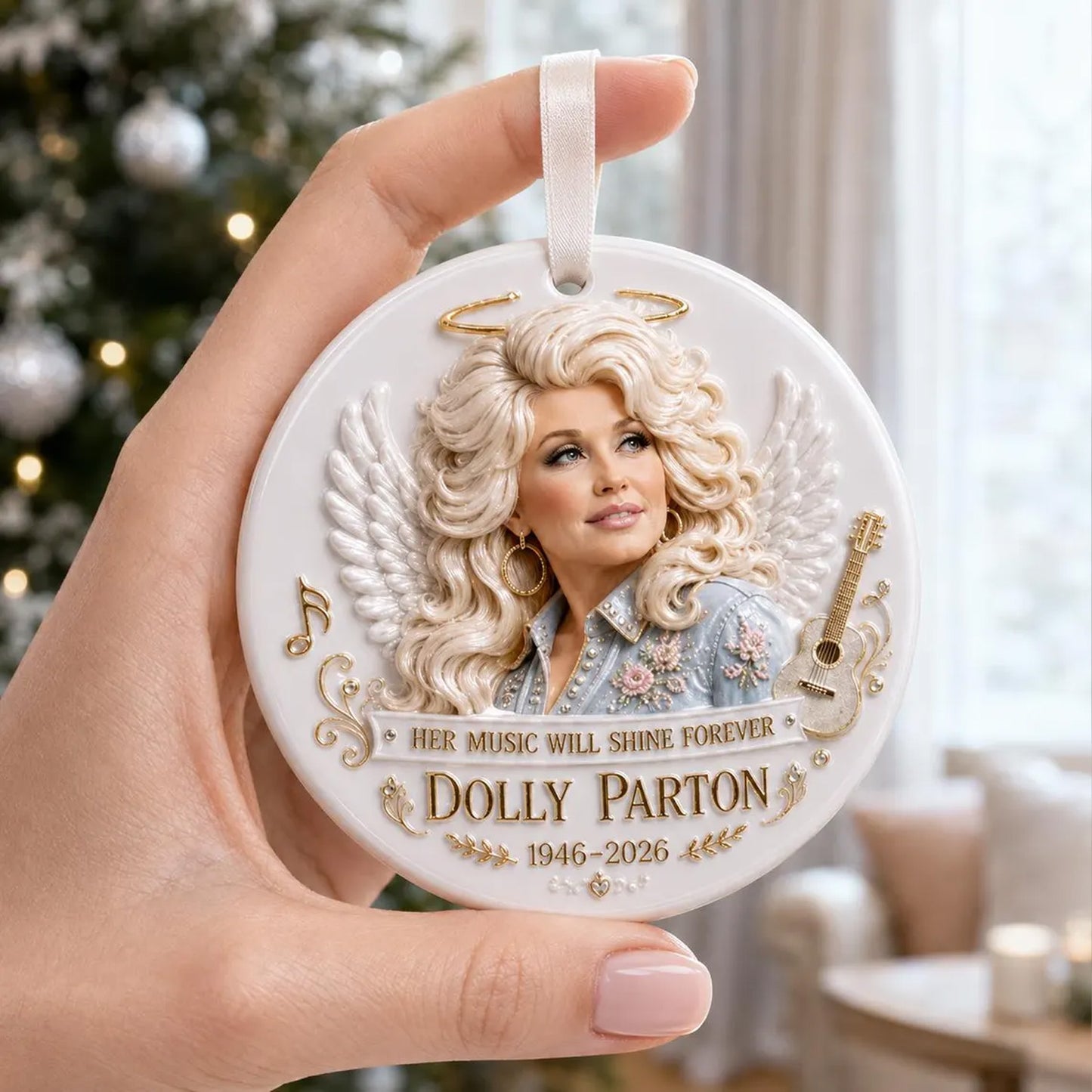 Dolly Parton Angel 3D Relief White Acrylic Ornament, Country Music Legend Memorial Christmas Ornament 686143 WFD