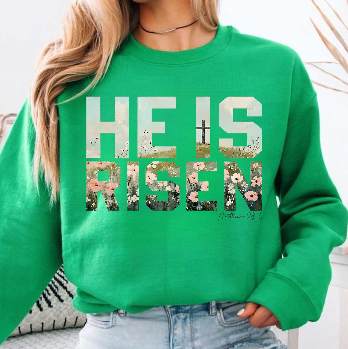 He Is Risen Christian Easter Shirt, Matthew 28:6 Bible Verse Shirt, Floral Cross Faith Tee 684400