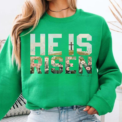 He Is Risen Christian Easter Shirt, Matthew 28:6 Bible Verse Shirt, Floral Cross Faith Tee 684400