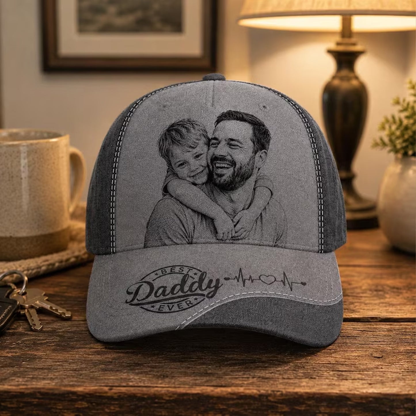 Personalized Best Dad Ever Leather Patch Hat, Custom Photo Engraved Baseball Cap, Father's Day Gift 685153