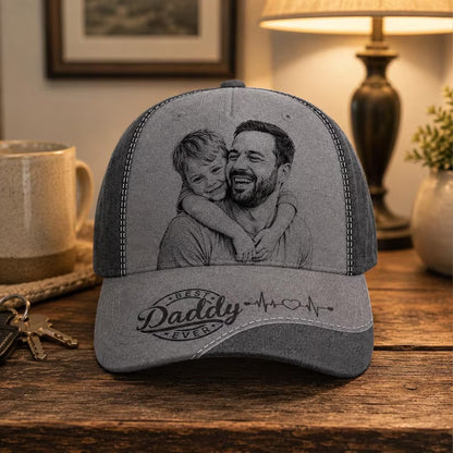 Personalized Best Dad Ever Leather Patch Hat, Custom Photo Engraved Baseball Cap, Father's Day Gift 685153