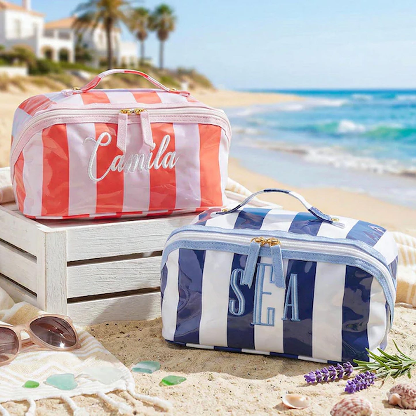 Personalized Embroidered Makeup Bag, Custom Waterproof Cosmetic Pouch, Striped Monogram Toiletry Bag Gift 684929