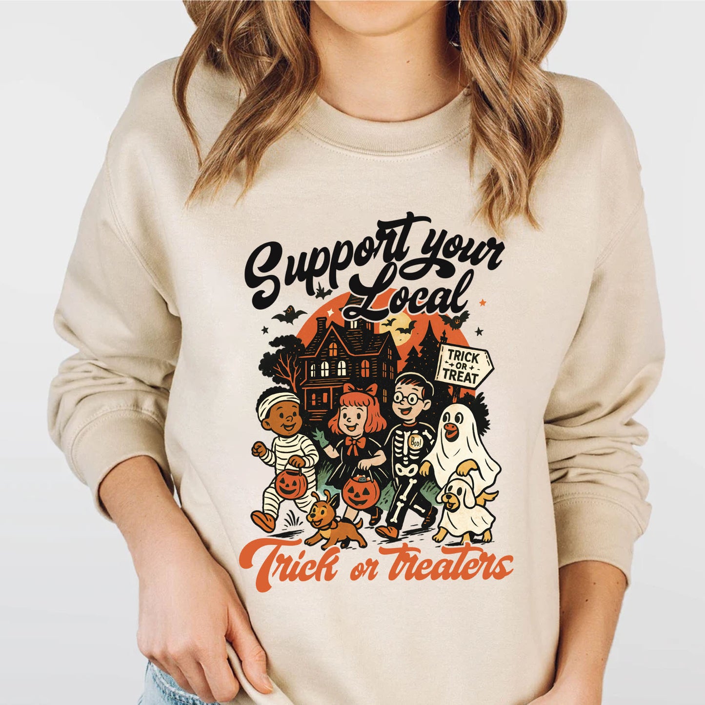 Support Your Local Trick or Treaters Halloween Shirt, Vintage Retro Halloween Sweatshirt 683304