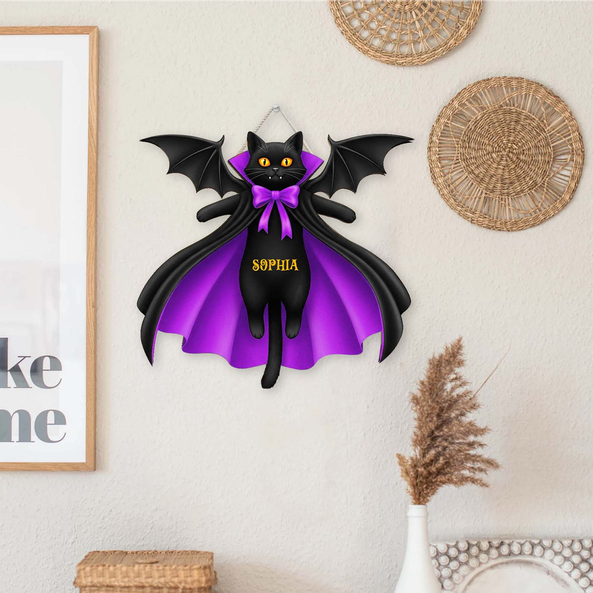 Personalized Halloween Black Cat Vampire Wooden Sign, Custom Name Door Hanger, Gothic Halloween Decor 685855