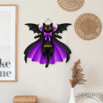 Personalized Halloween Black Cat Vampire Wooden Sign, Custom Name Door Hanger, Gothic Halloween Decor 685855