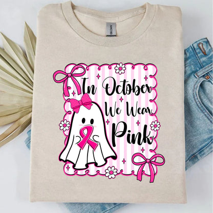 October We Wear Pink Breast Cancer Awareness Shirt | Cute Ghost Pink Ribbon T-Shirt | Halloween Pink Out Tee 683314-3