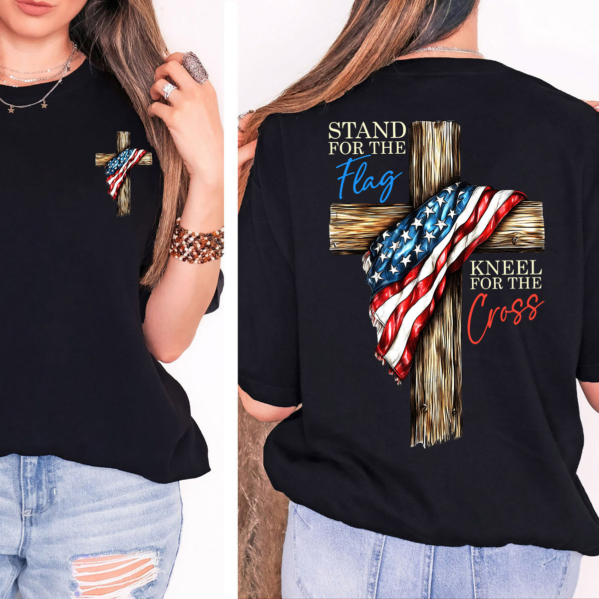 Stand For The Flag Kneel For The Cross Shirt | Patriotic Christian Tee | USA Flag Cross 4th of July Pocket & Back Shirt 683191