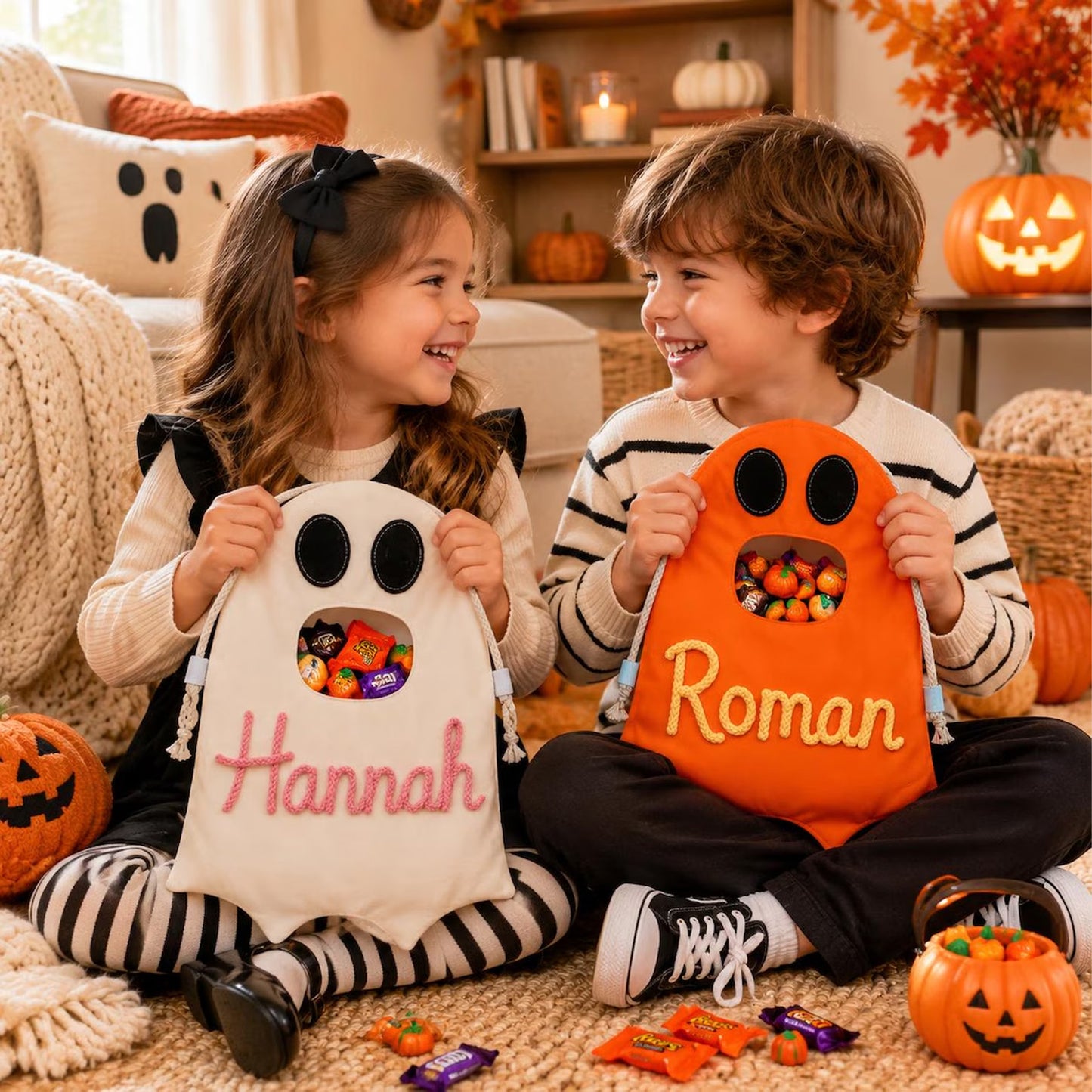 Personalized Ghost Halloween Candy Bag, Custom Name Trick or Treat Bag, Kids Halloween Candy Tote 685834 WFD
