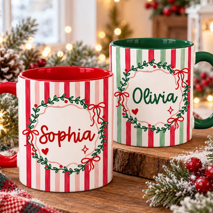 Personalized Christmas Coffee Mug, Custom Name Ceramic Mug, Red & Green Striped Christmas Cup 686808 WFD