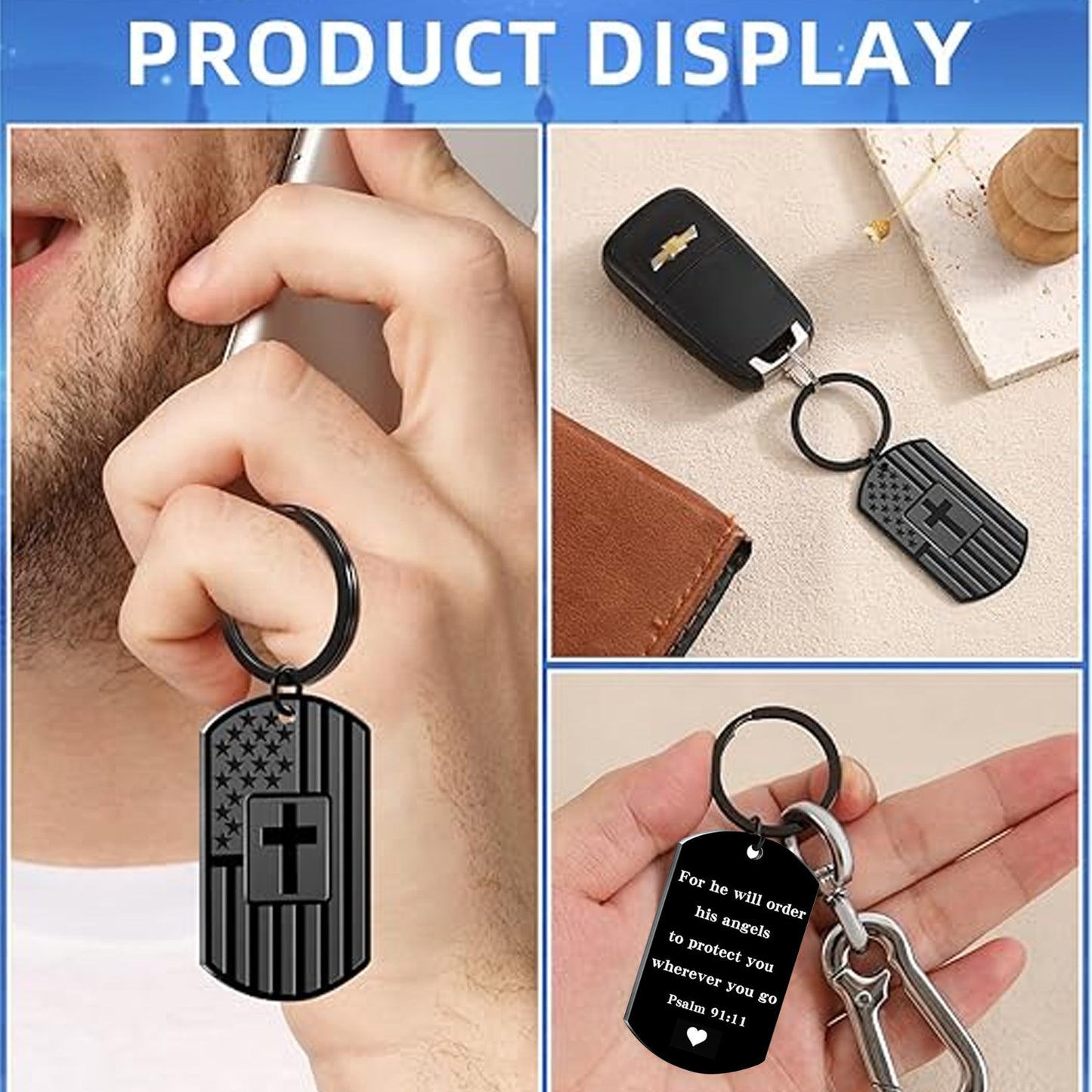 Christian Gift Keychain, Bible Verse Dog Tag Cross Keychain, Black American Flag Keyring, Faith Gift for Men 684047