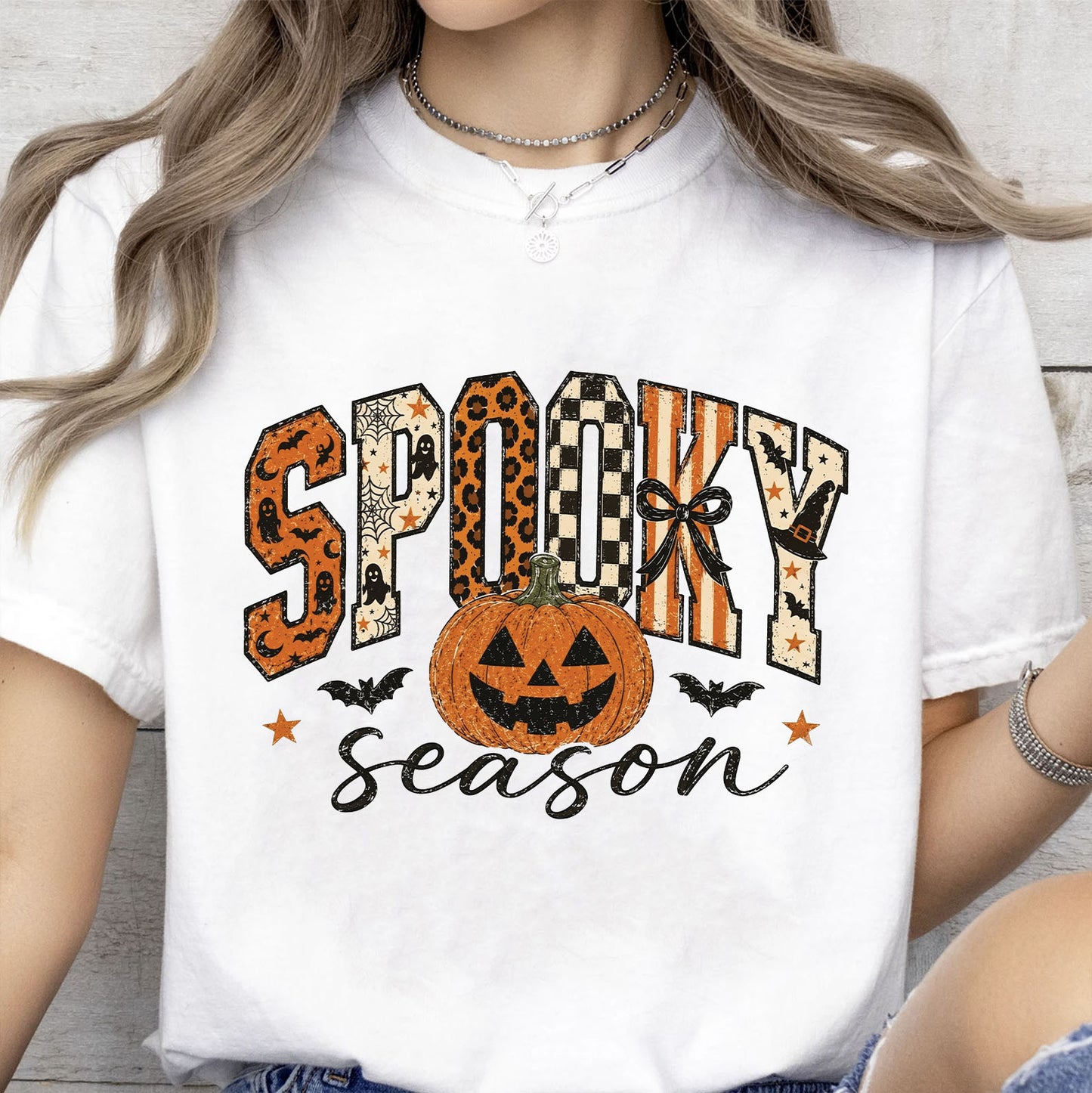 Spooky Season Halloween Shirt, Retro Checkered Leopard Pumpkin Tee, Girly Vintage Halloween Shirt 685867