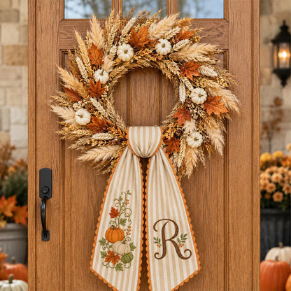 Personalized Fall Wreath Sash, Embroidered Pumpkin Monogram Bow, Custom Initial Autumn Front Door Decor 686157 WFD