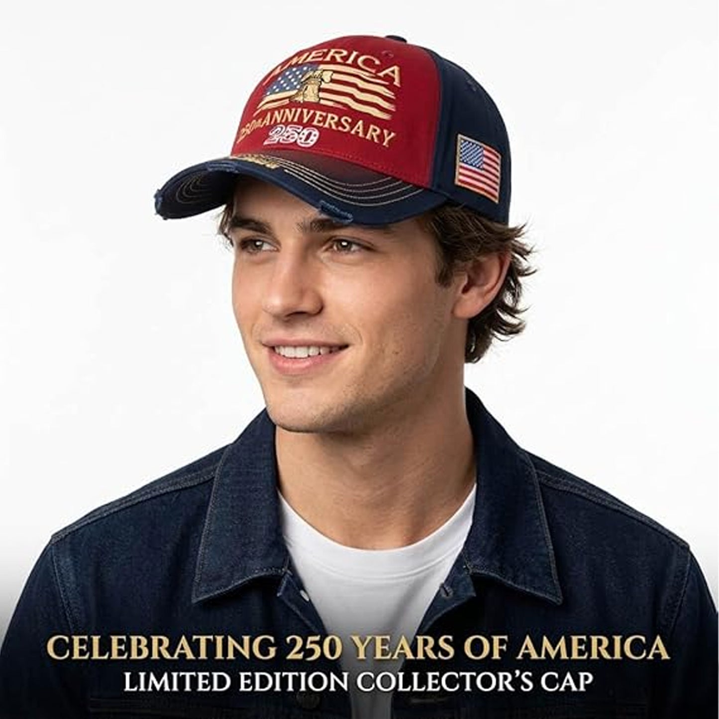 USA 250 Years Anniversary Vintage Washed Baseball Cap, Patriotic 1776-2026 Adjustable Denim Hat 685214 WFD