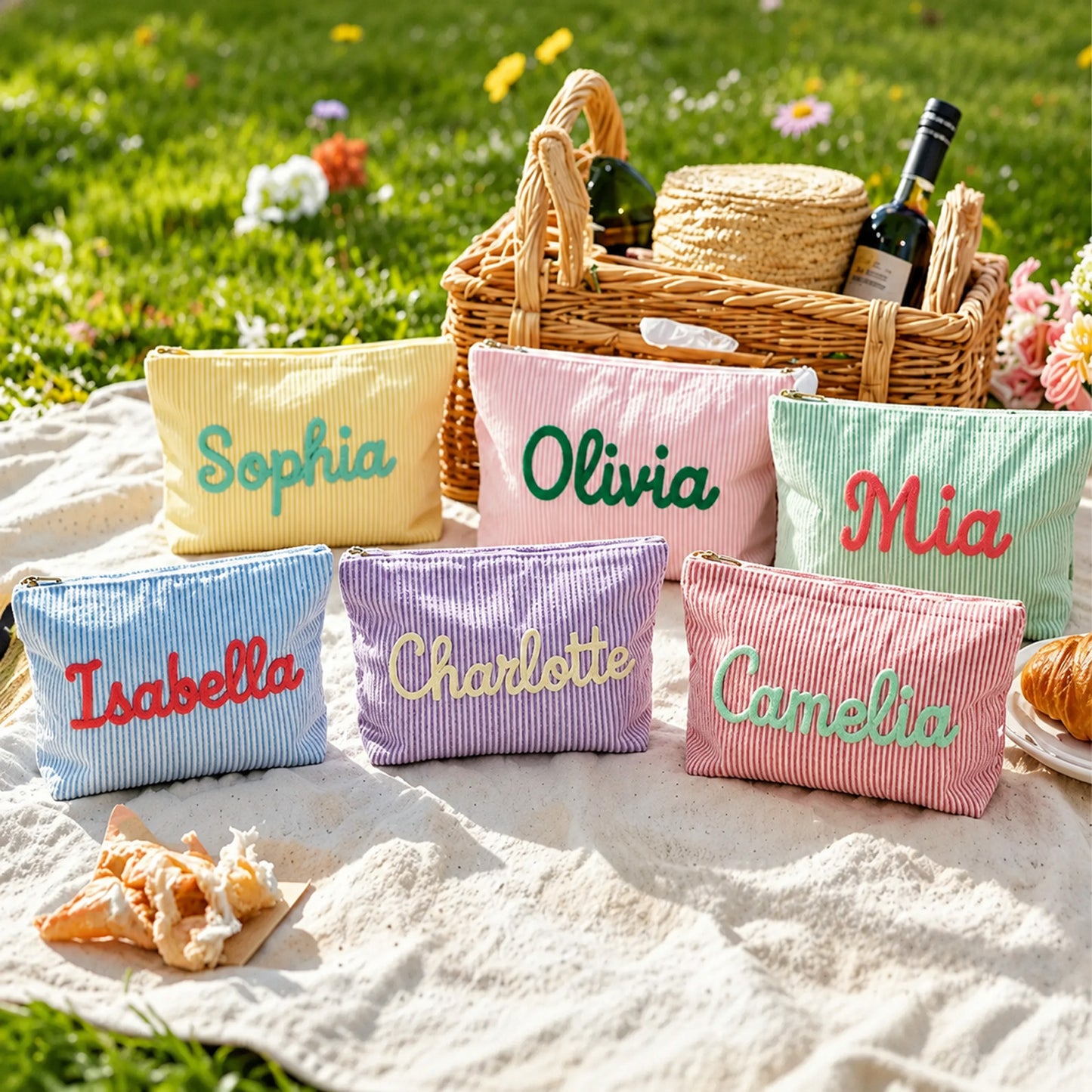 Personalized Seersucker Makeup Bag, Custom Chenille Name Cosmetic Pouch, Travel Toiletry Bag Gift for Her 685534 WFD