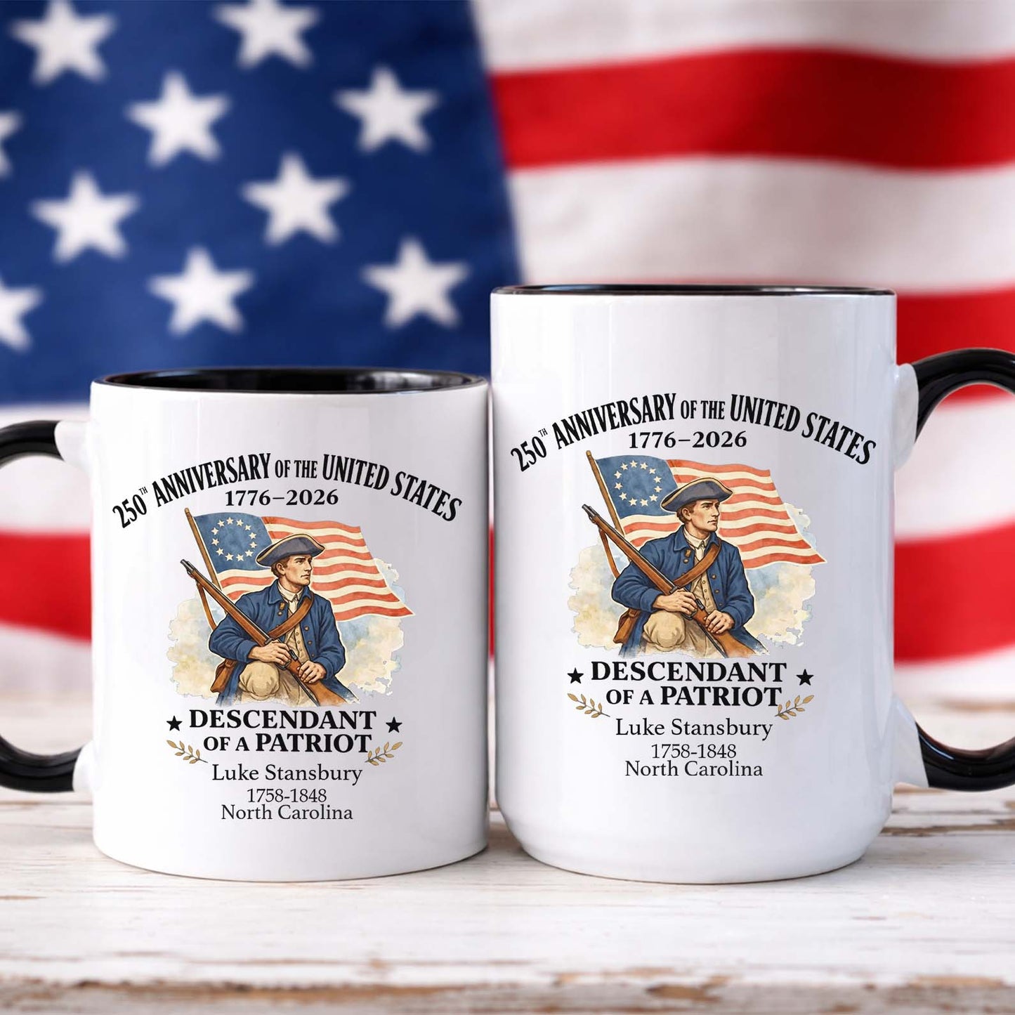 Personalized 250 Years of America Mug, Custom Name Descendant of a Patriot, 1776–2026 White Mug Accent Mug 684373