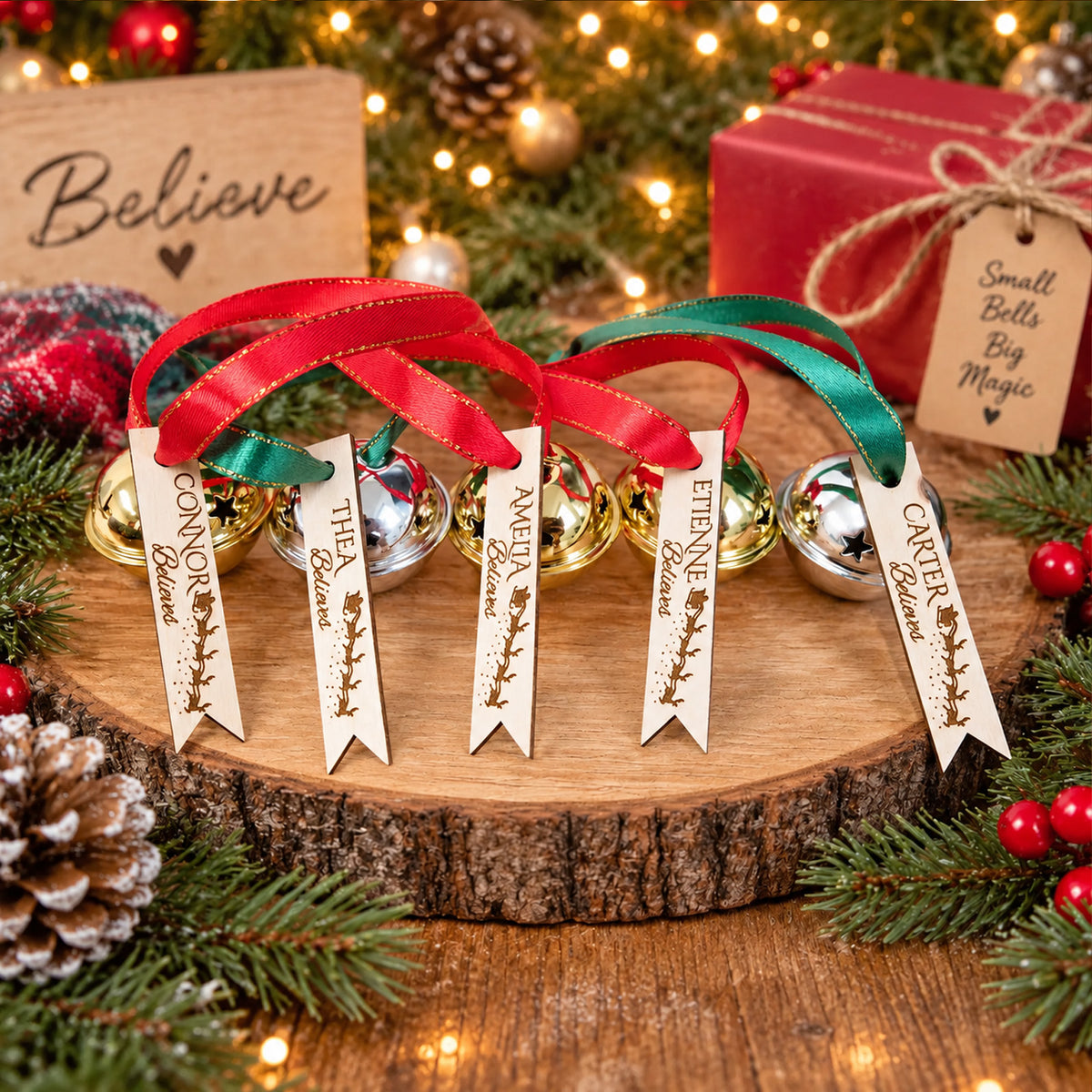 Personalized Believe Bell, Custom Name Christmas Jingle Bell Ornament, Wooden Tag Christmas Keepsake 686754 WFD
